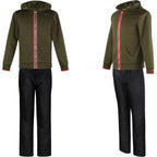 front and side view of makoto naegi green hoodie and black trousers