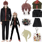 danganronpa makoto naegi cosplay costume and brown spiky wig display