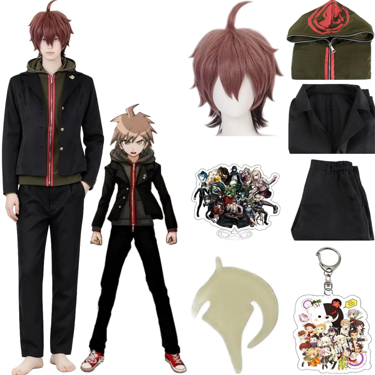 danganronpa makoto naegi cosplay costume and brown spiky wig display
