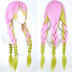 front and back view of pink green braided cosplay wig