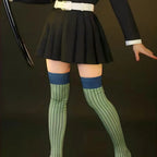 model wearing mitsuri kanroji striped over‑knee socks