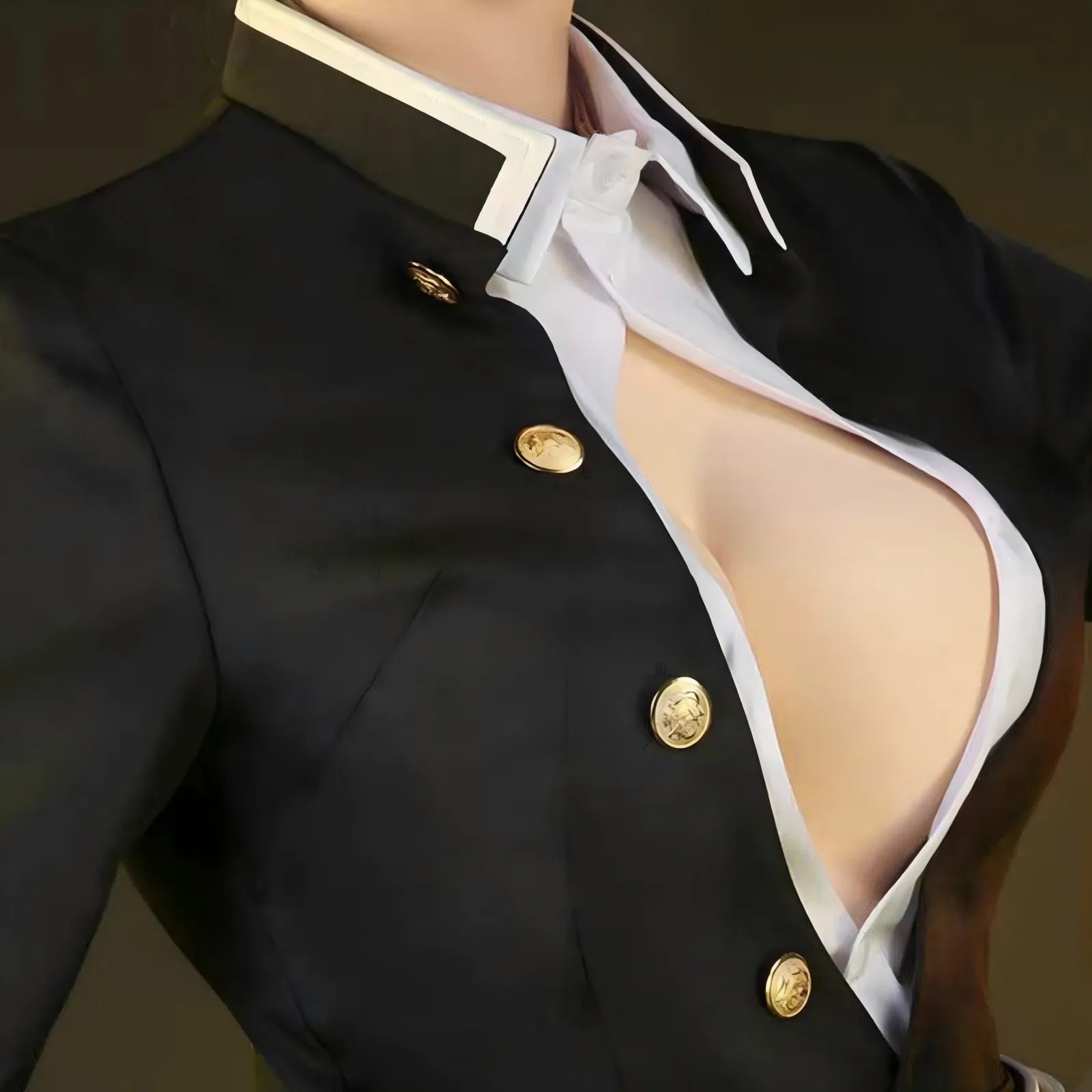 close‑up of uniform collar and gold buttons