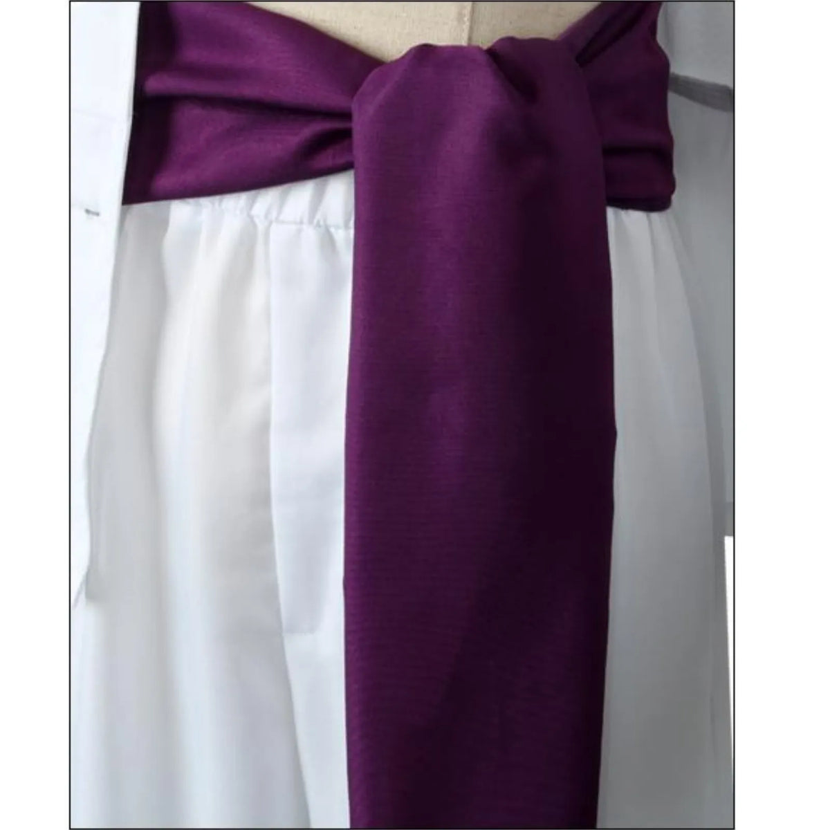 closeup of purple waist sash for monkey d luffy gear 5 cosplay, tied bow at waist, white elastic shorts