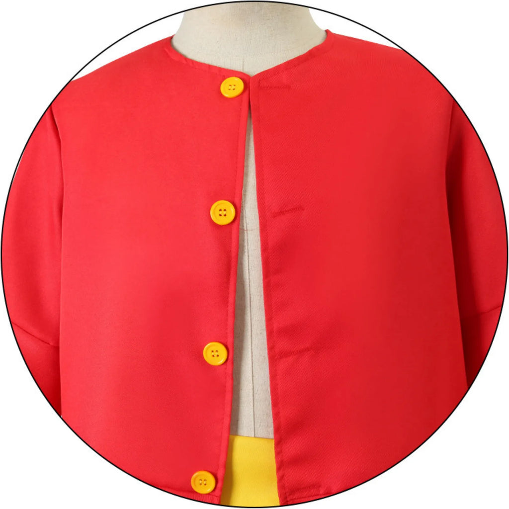 closeup of monkey d luffy wano cosplay red jacket, round yellow front buttons, round neckline