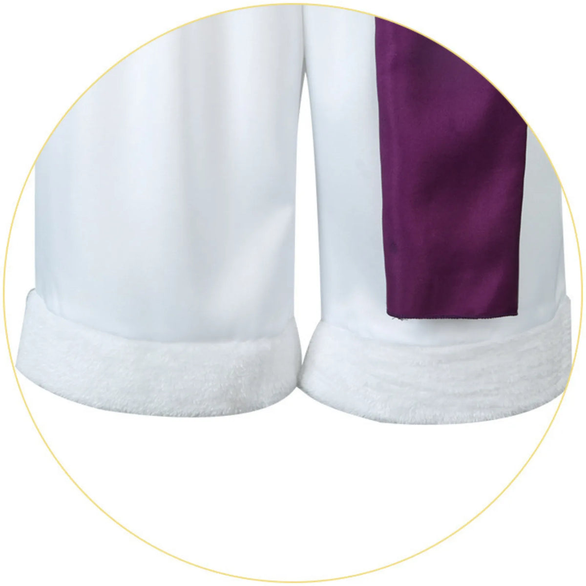 closeup of monkey d luffy gear 5 cosplay shorts, white fuzzy hem on pant cuffs