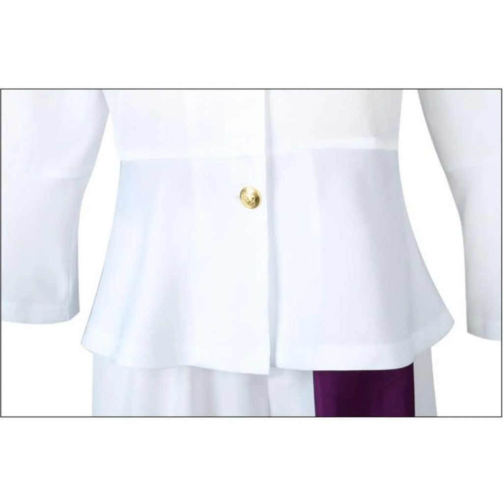 closeup of monkey d luffy gear 5 cosplay top, gold round button, white flared hem jacket