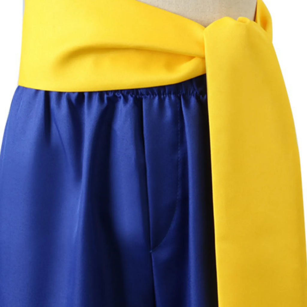closeup of yellow waist sash for monkey d luffy wano cosplay, elastic waist blue shorts, smooth fabric