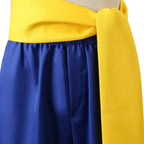 closeup of yellow waist sash for monkey d luffy wano cosplay, elastic waist blue shorts, smooth fabric