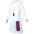 angled side view monkey d luffy gear 5 cosplay outfit on mannequin, white top with gold buttons, white shorts, purple hanging sash