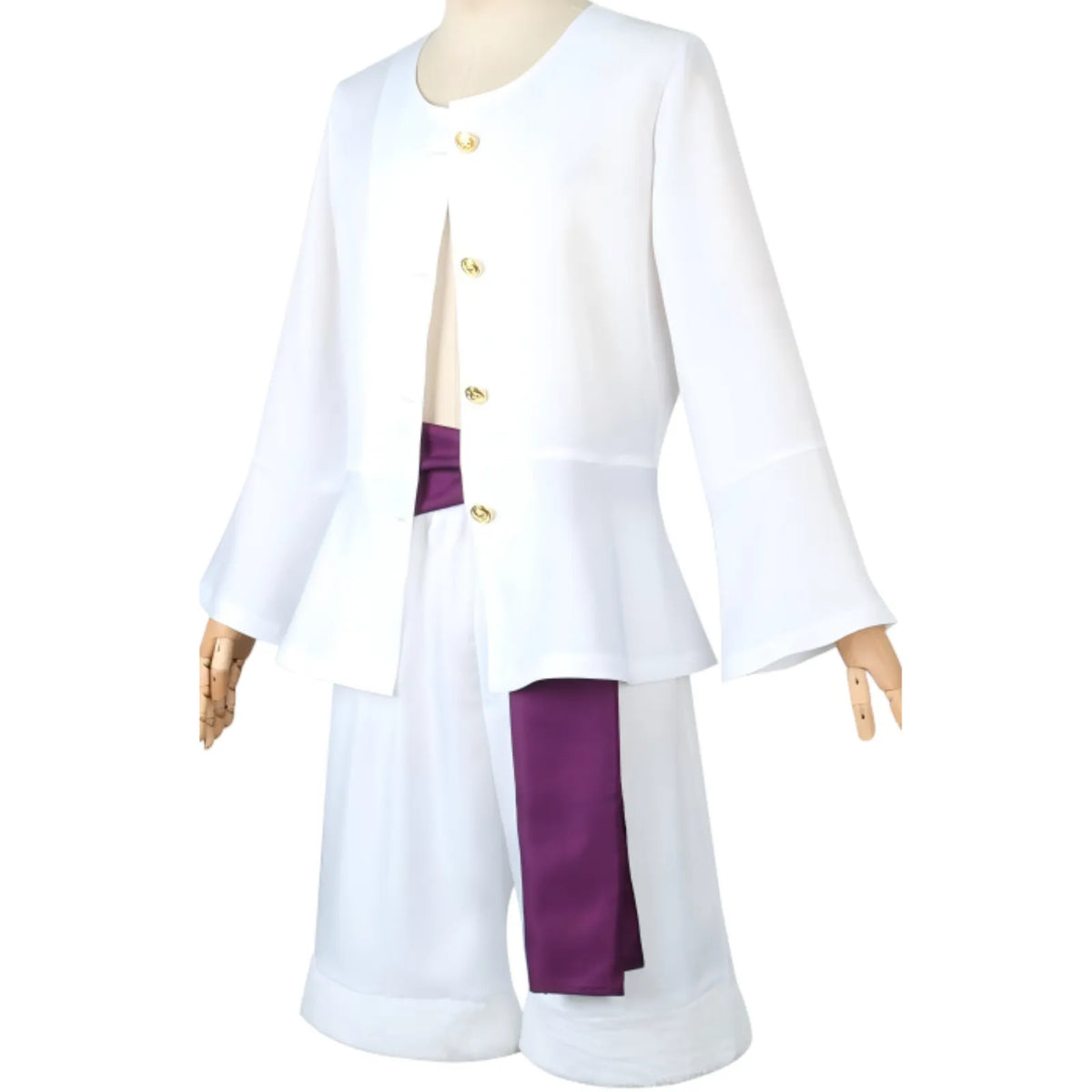 angled side view monkey d luffy gear 5 cosplay outfit on mannequin, white top with gold buttons, white shorts, purple hanging sash