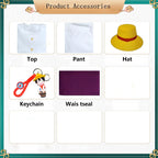 monkey d luffy cosplay accessories display, white top, white pants, straw hat, luffy keychain, purple waist sash, product parts table