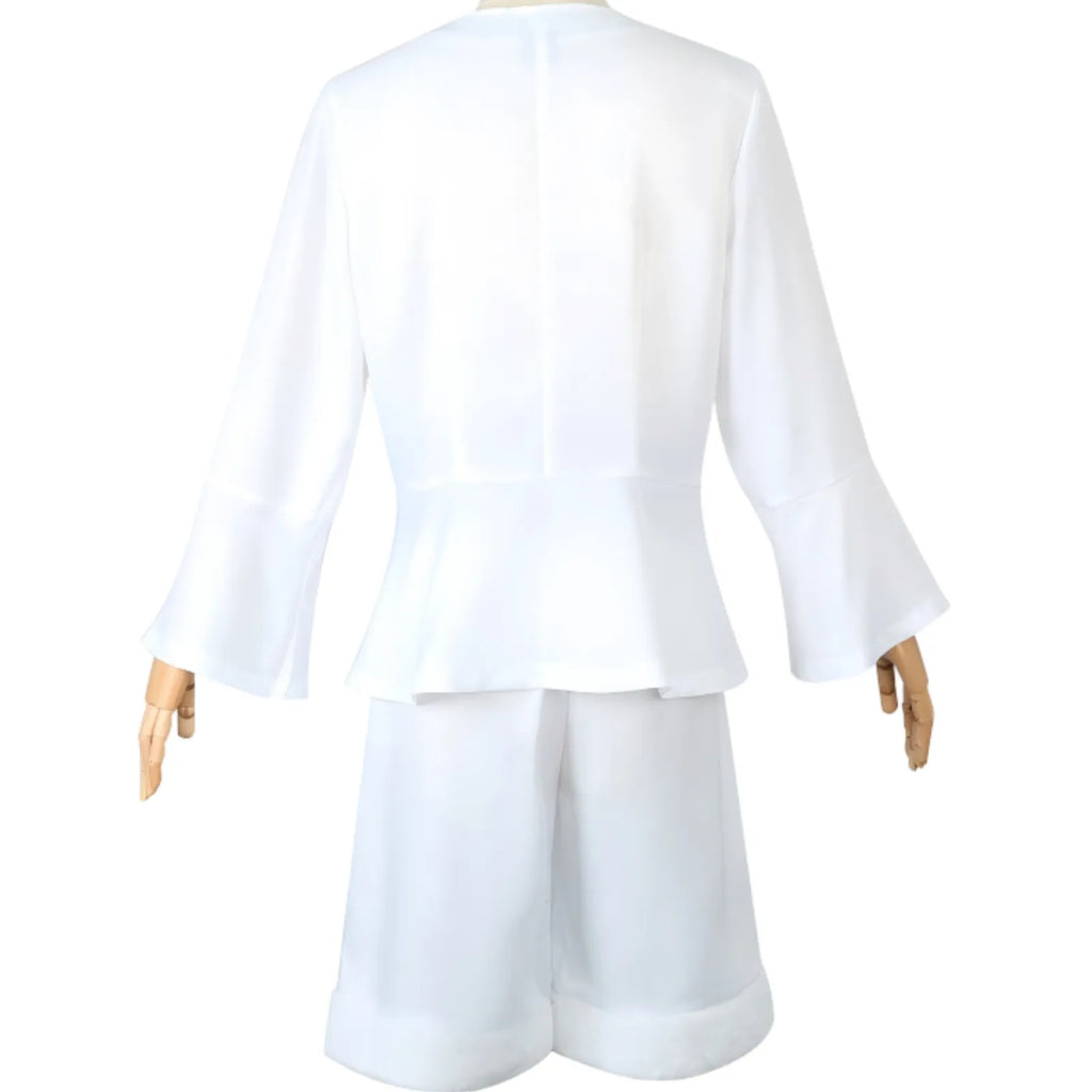 back view monkey d luffy gear 5 cosplay on mannequin, white long flare sleeve top and white shorts, plain back design