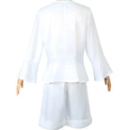 back view monkey d luffy gear 5 cosplay on mannequin, white long flare sleeve top and white shorts, plain back design