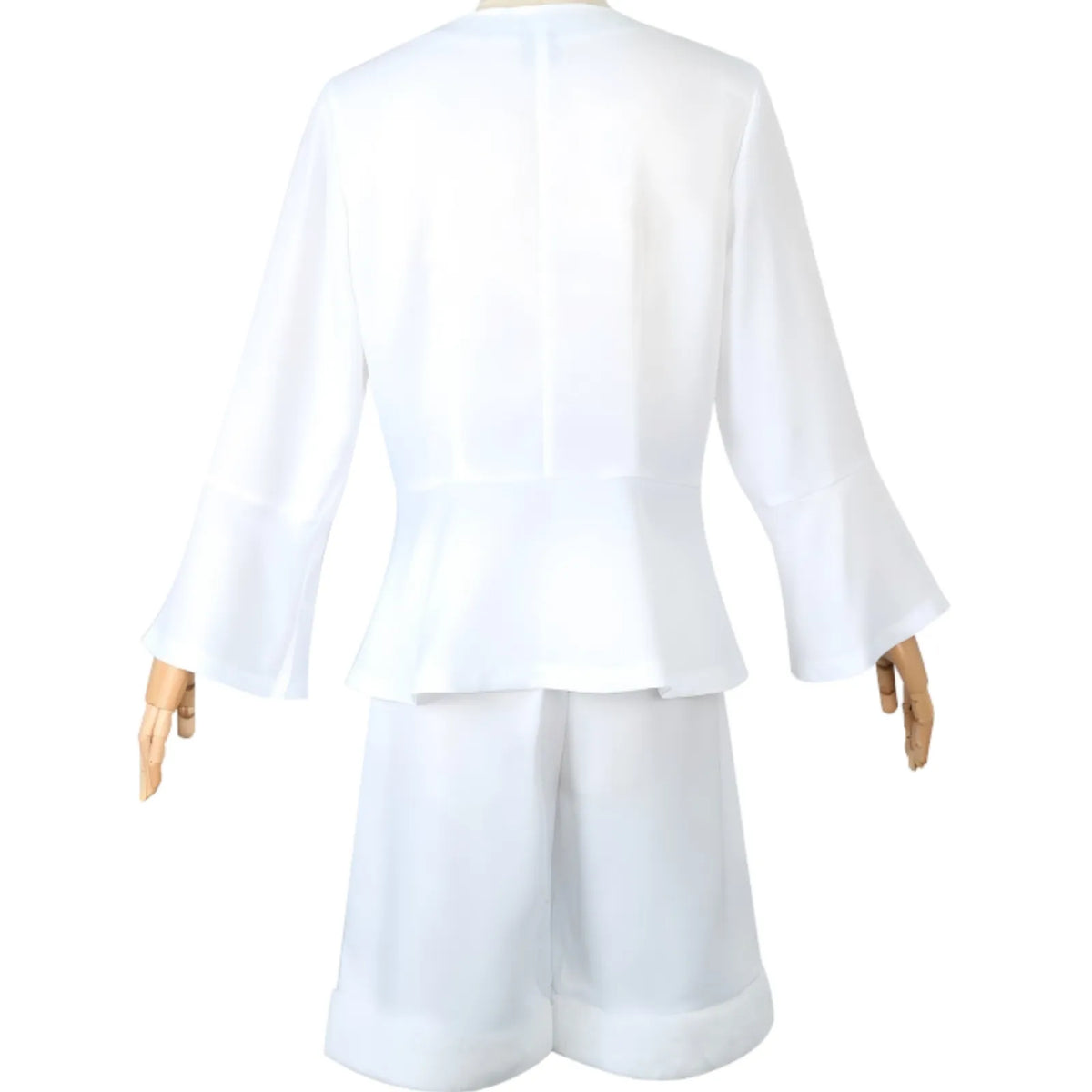 back view monkey d luffy gear 5 cosplay on mannequin, white long flare sleeve top and white shorts, plain back design