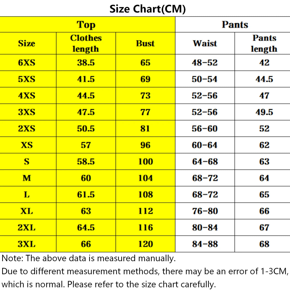 size chart for monkey d luffy gear 5 cosplay costume, measurements in cm, size 6xs to 3xl