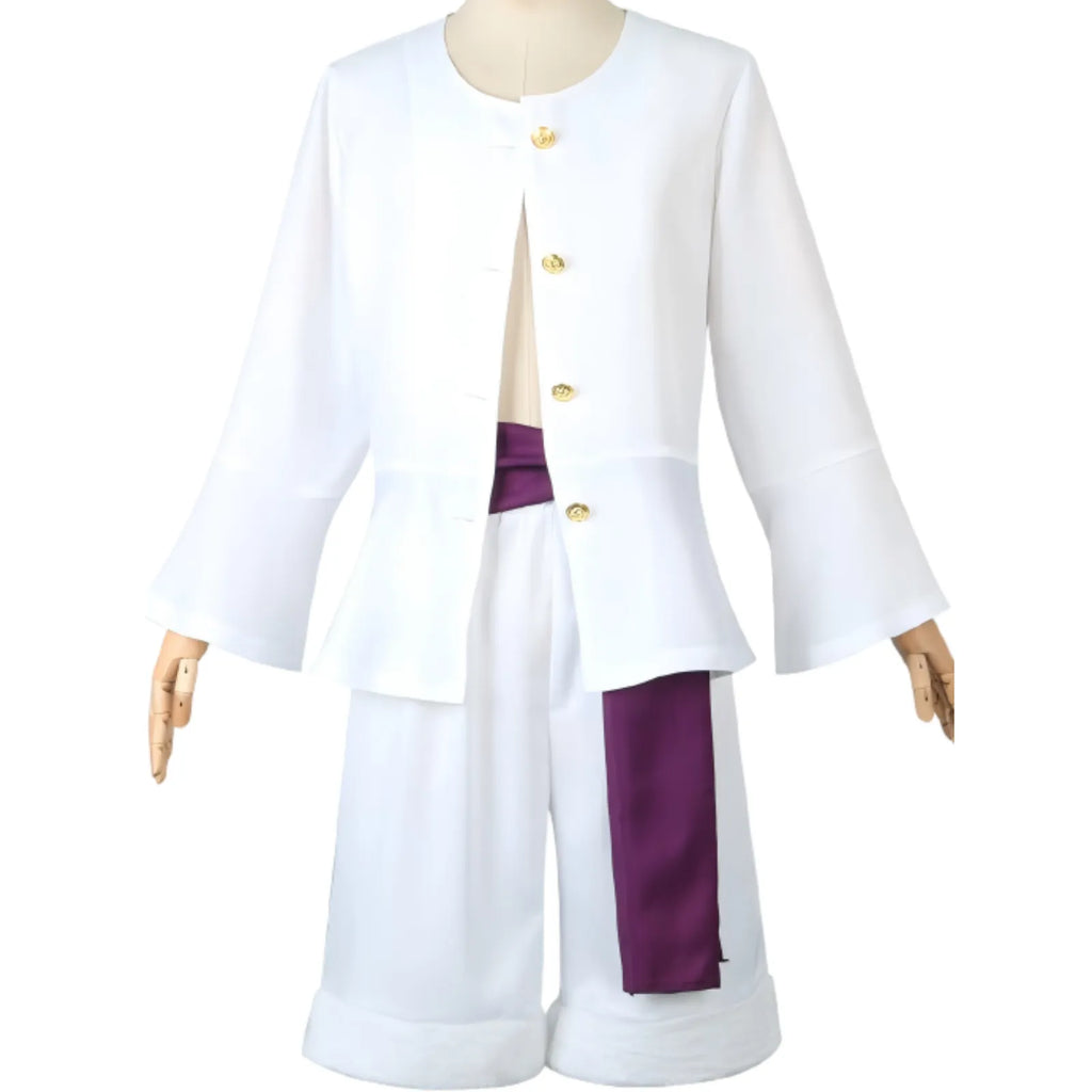 front view of monkey d luffy gear 5 cosplay costume on mannequin, white flare sleeve top, white shorts, purple waist sash, gold buttons