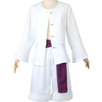 front view of monkey d luffy gear 5 cosplay costume on mannequin, white flare sleeve top, white shorts, purple waist sash, gold buttons
