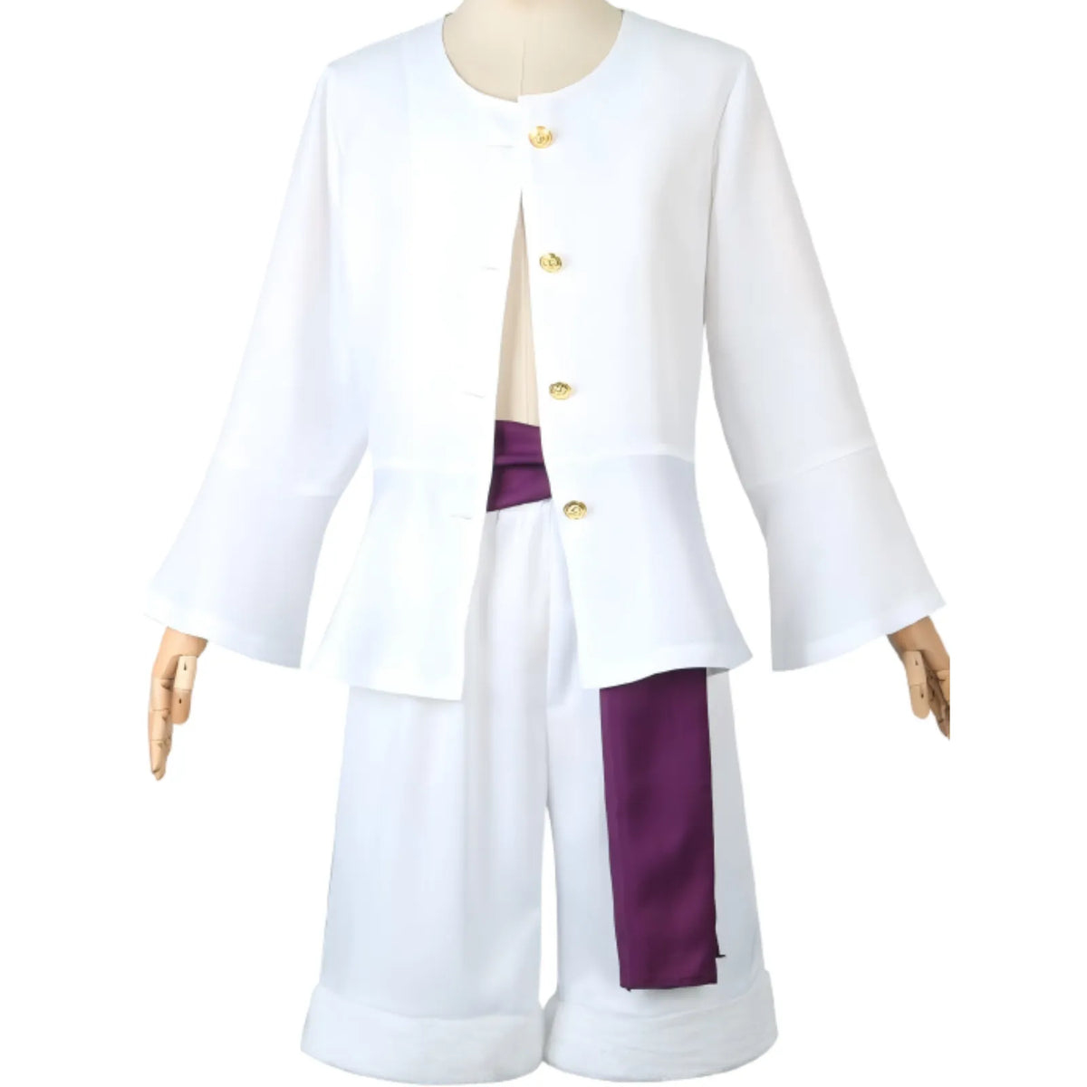 front view of monkey d luffy gear 5 cosplay costume on mannequin, white flare sleeve top, white shorts, purple waist sash, gold buttons