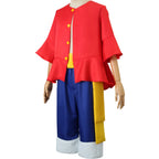 angled side view monkey d luffy wano cosplay outfit on mannequin, red flare sleeve jacket, blue shorts, long yellow side sash