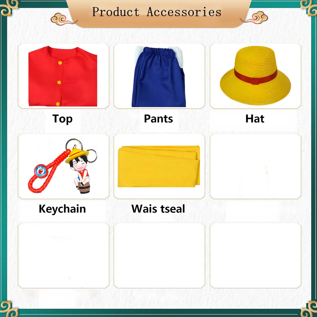 monkey d luffy cosplay accessories display, red top, blue pants, straw hat, luffy keychain, yellow waist sash, product parts table