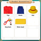 monkey d luffy cosplay accessories display, red top, blue pants, straw hat, luffy keychain, yellow waist sash, product parts table