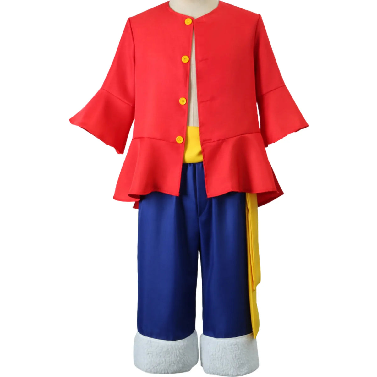 front view monkey d luffy wano cosplay on mannequin, red top with yellow buttons, blue shorts, yellow hanging sash, white fuzzy cuffs