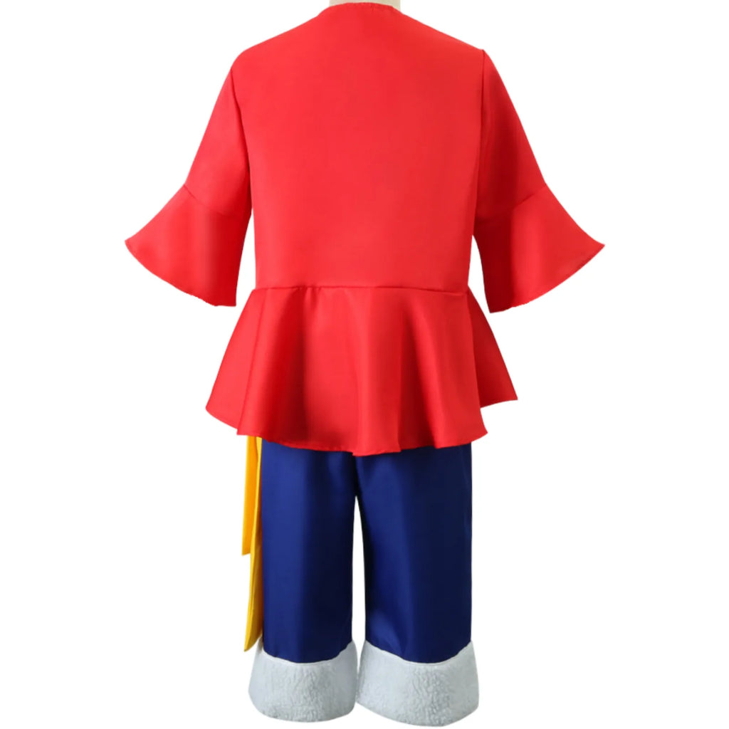 back view of monkey d luffy wano cosplay costume on mannequin, red flared top, blue shorts, yellow waist sash, white fuzzy pant cuffs
