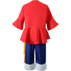 back view of monkey d luffy wano cosplay costume on mannequin, red flared top, blue shorts, yellow waist sash, white fuzzy pant cuffs