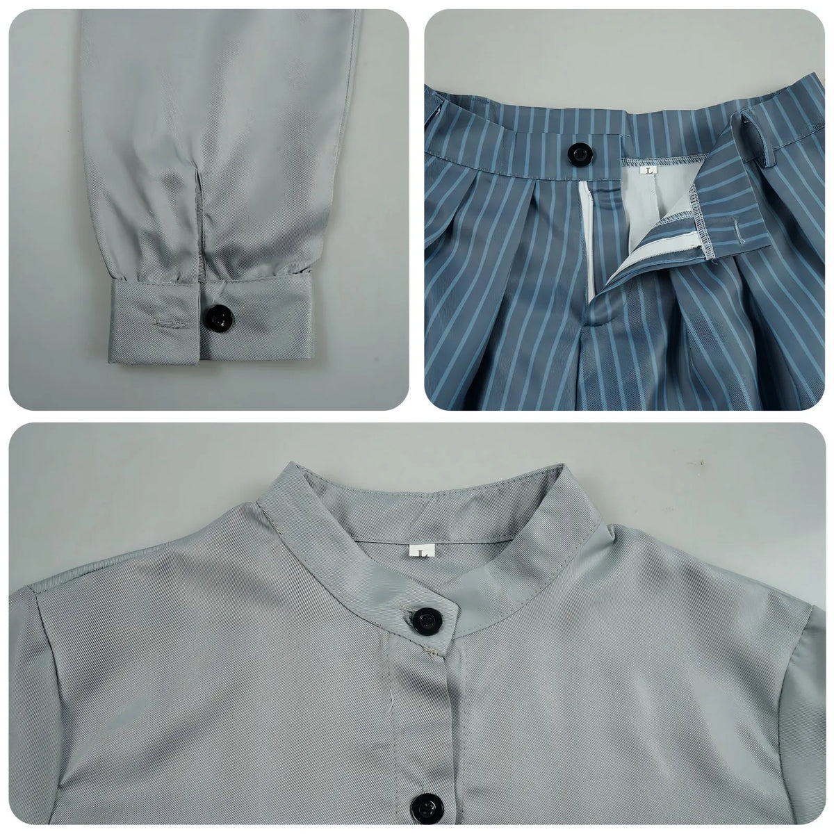 close‑up of grey stand‑collar shirt cuffs and button details for muichirou cosplay