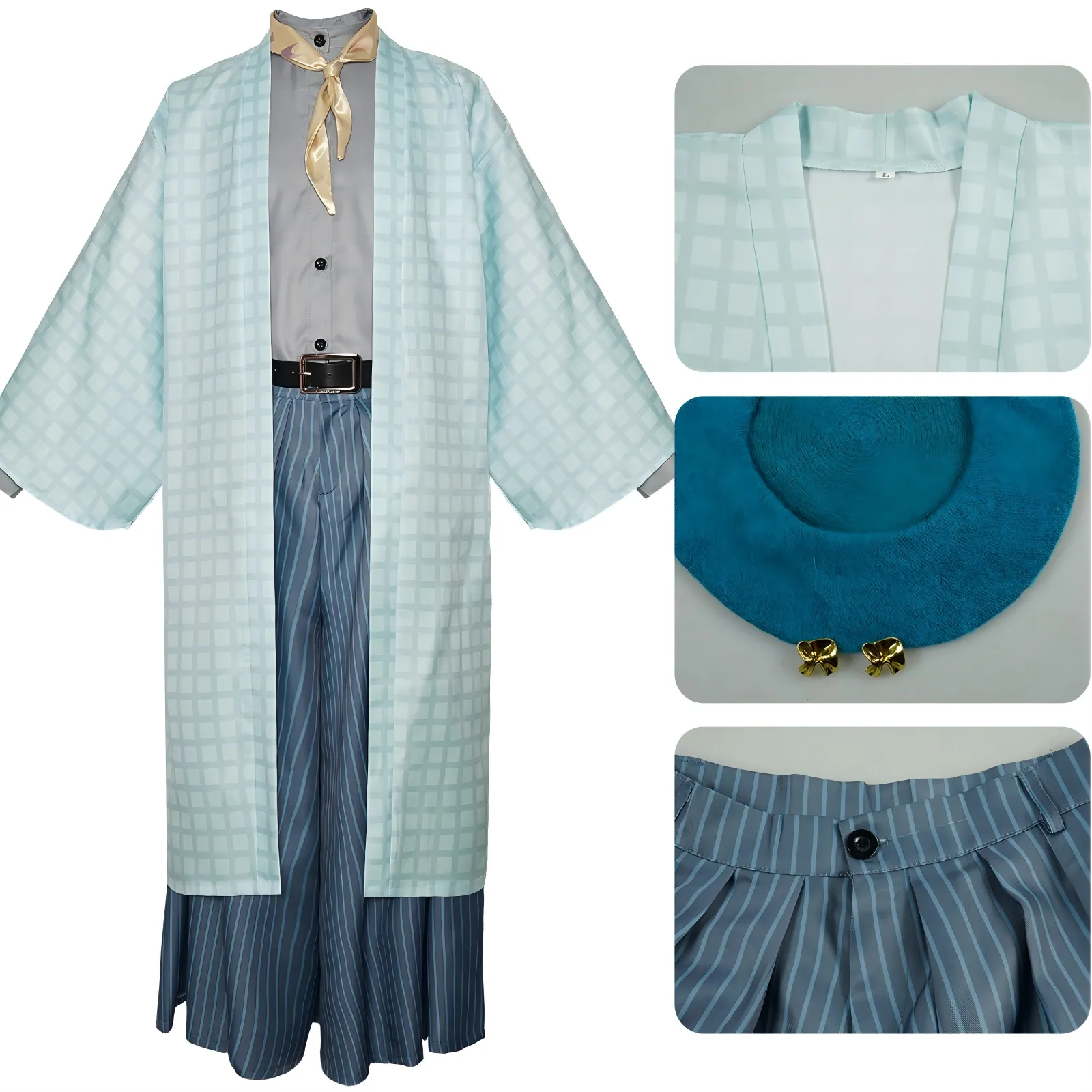 muichirou tokitou cos suit close‑up details of haori, hat and striped trousers