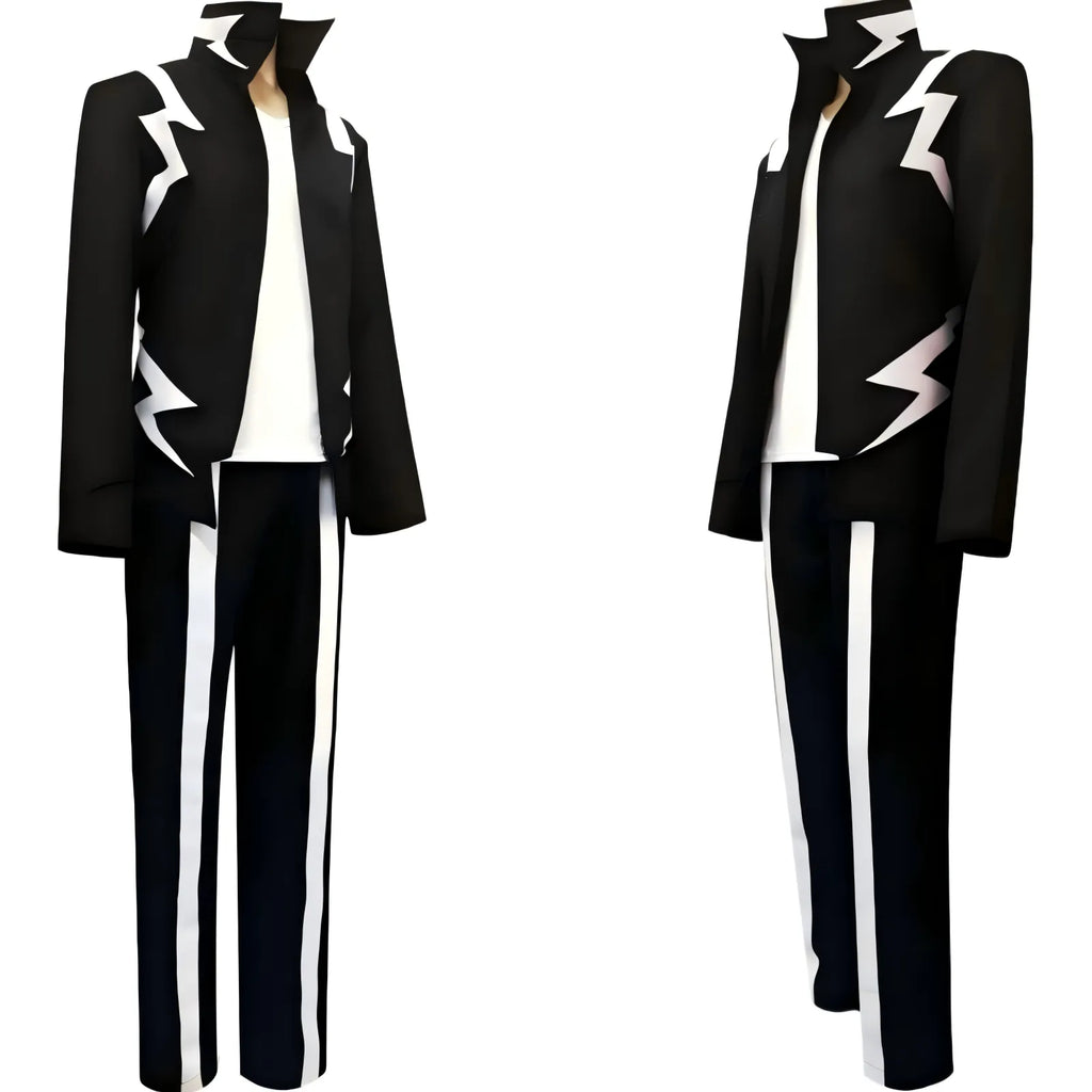 two side view my hero academia denki kaminari cosplay black lightning print jacket pants