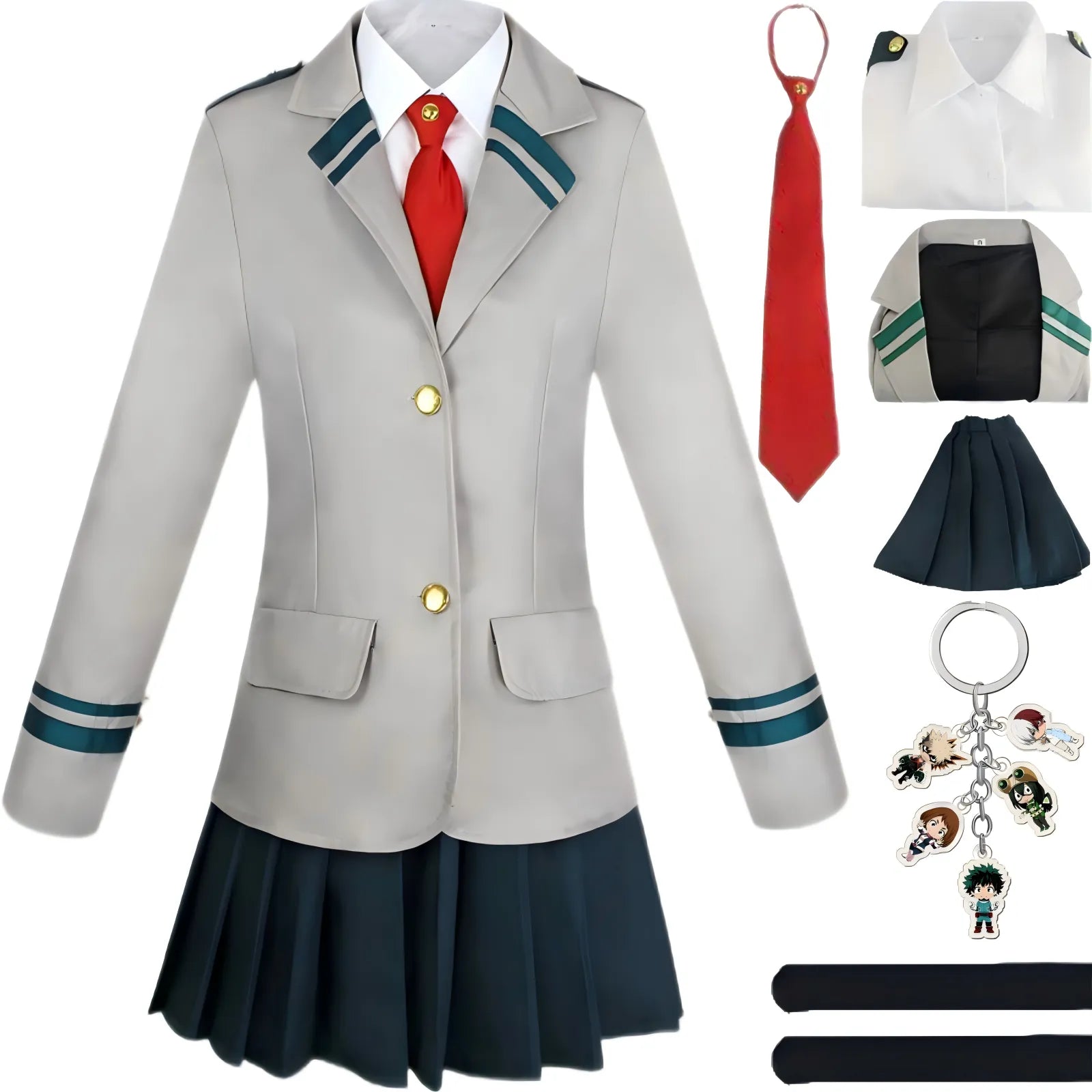 women mha todoroki school uniform cos separate pieces coat shirt skirt tie keychain socks flat lay