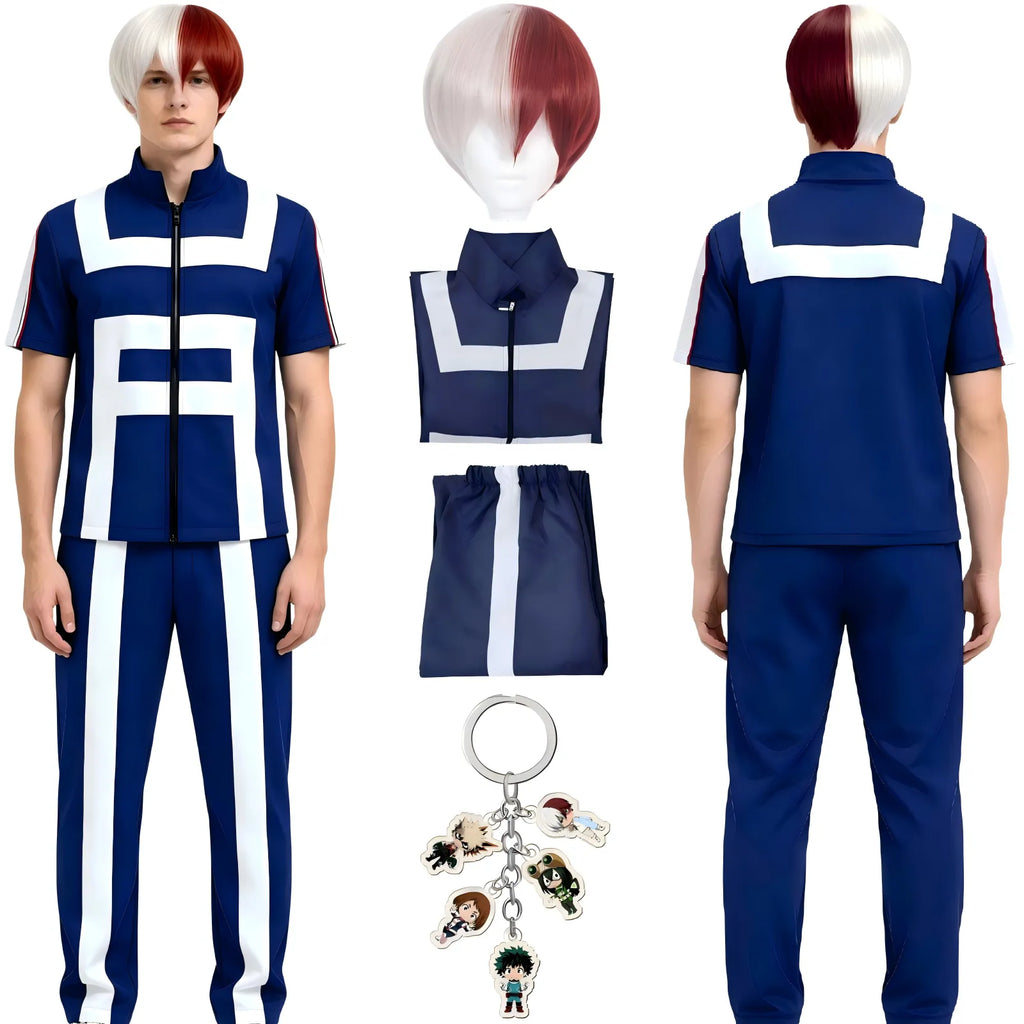 todoroki shoto cosplay set including top, pants, red white wig and mha keychain