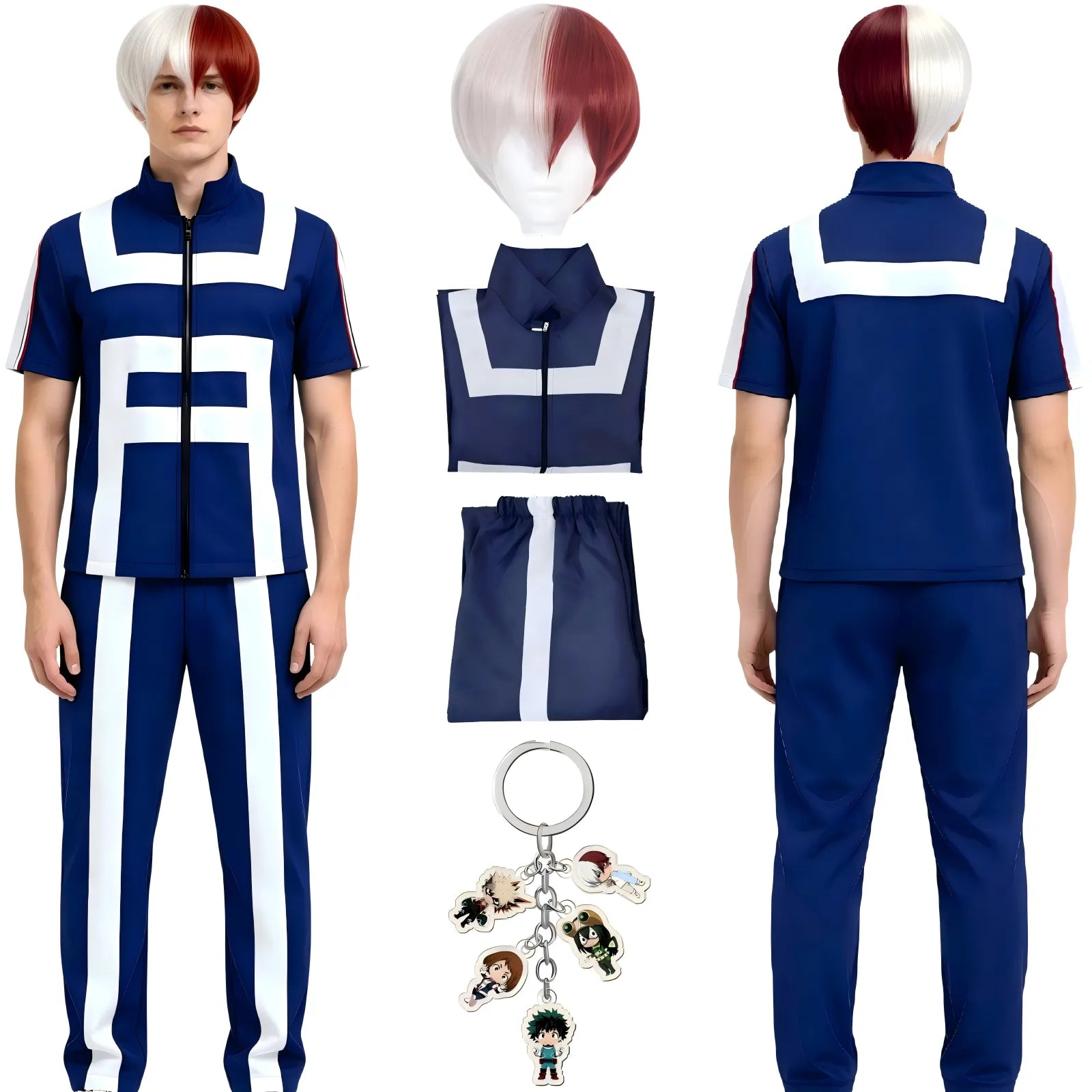 todoroki shoto cosplay set including top, pants, red white wig and mha keychain