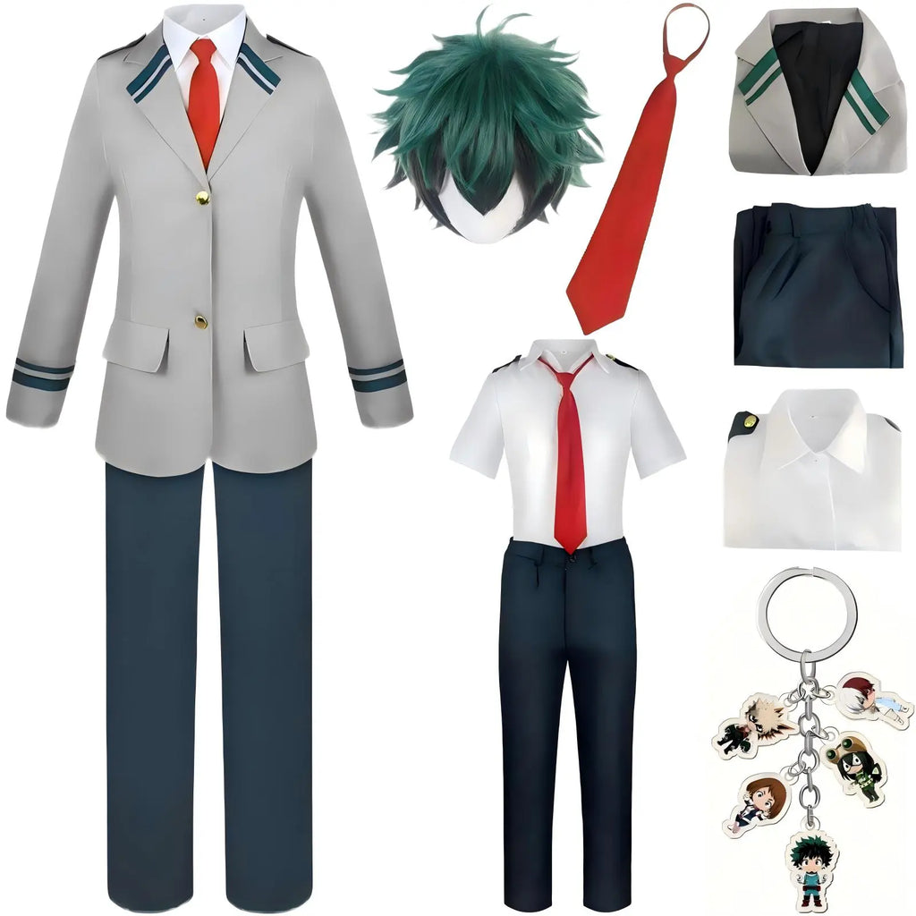 my hero academia izuku midoriya cos ua school uniform jacket shirt tie pants wig keychain