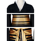 close‑up of nakime cosplay costume fabric and obi details
