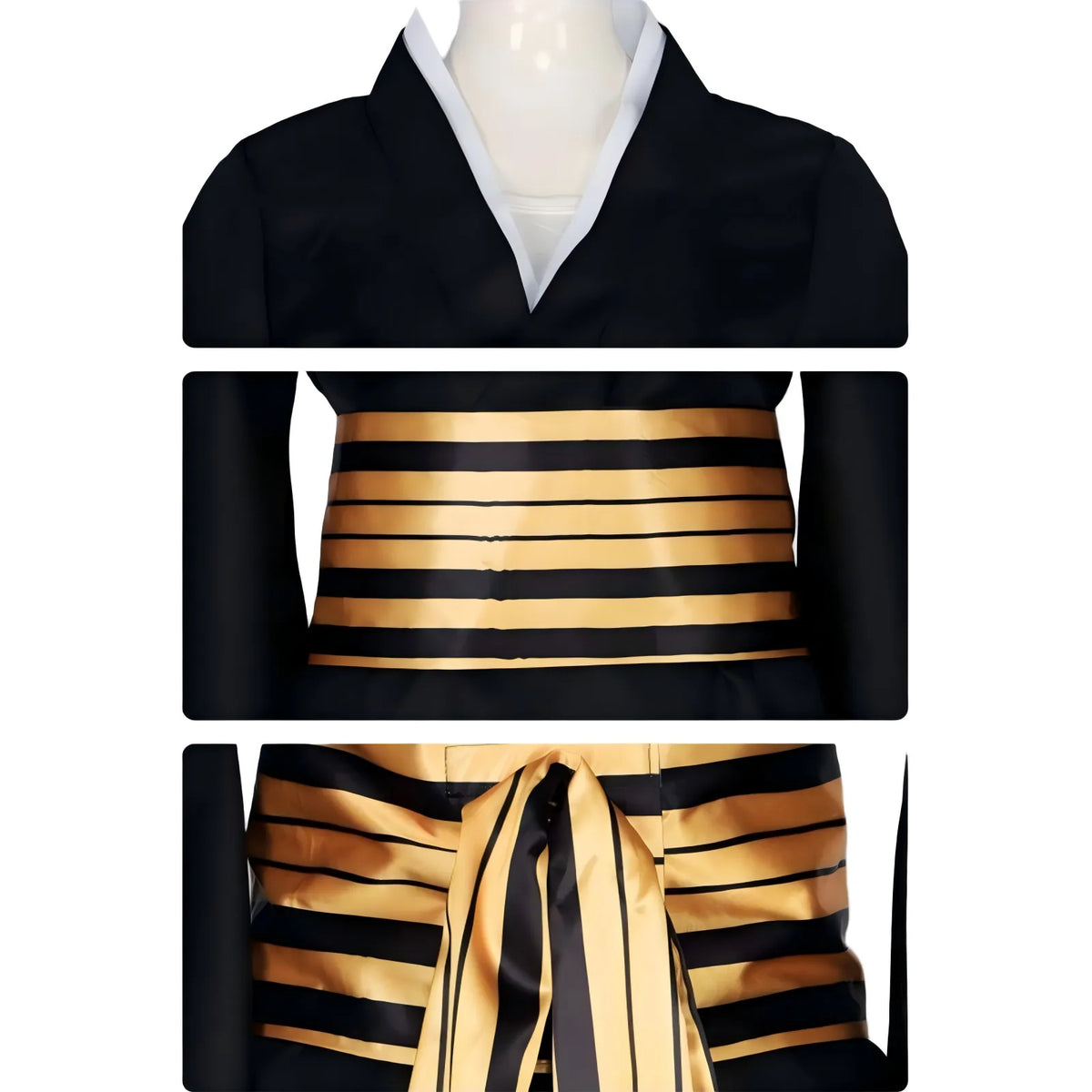 close‑up of nakime cosplay costume fabric and obi details