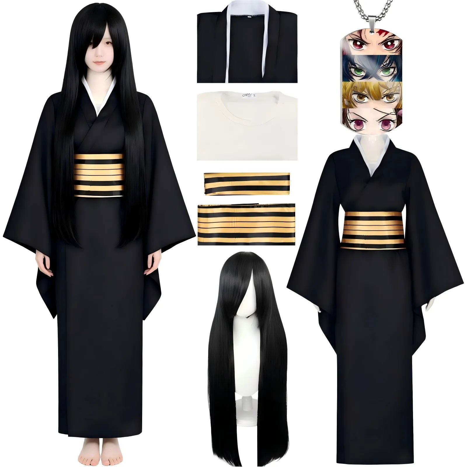 nakime cosplay outfit with long black cosplay wig