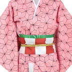 close‑up of nezuko cosplay kimono print and obi belt details