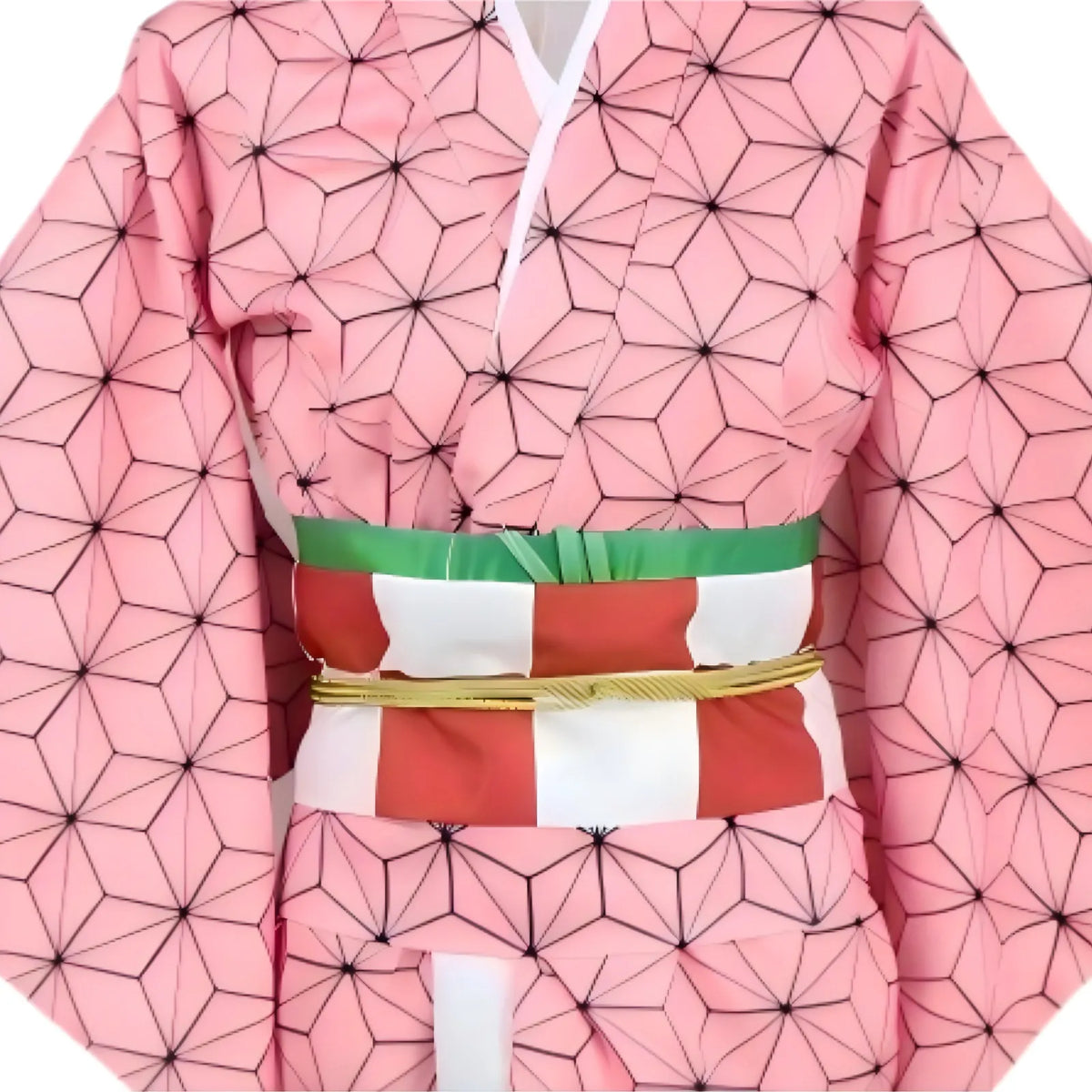 close‑up of nezuko cosplay kimono print and obi belt details