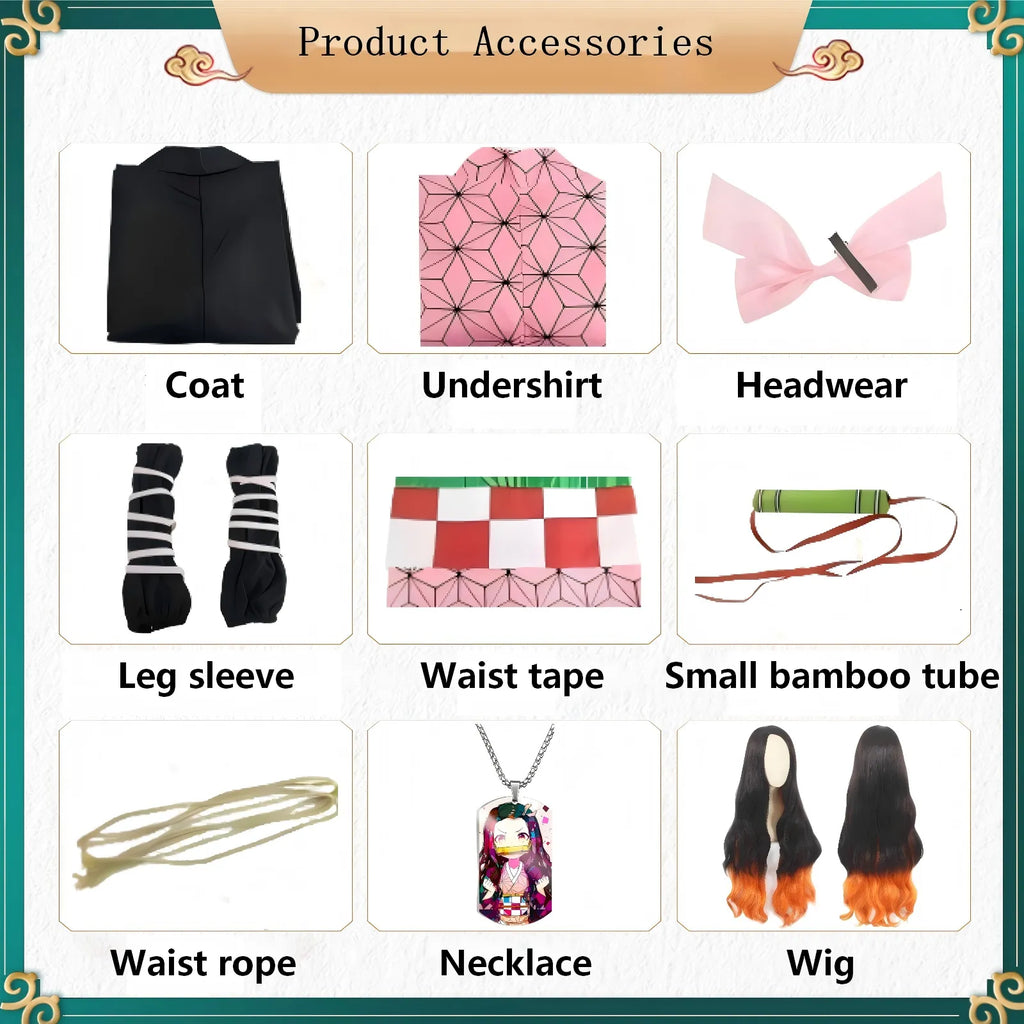infographic showing all included nezuko cosplay accessories