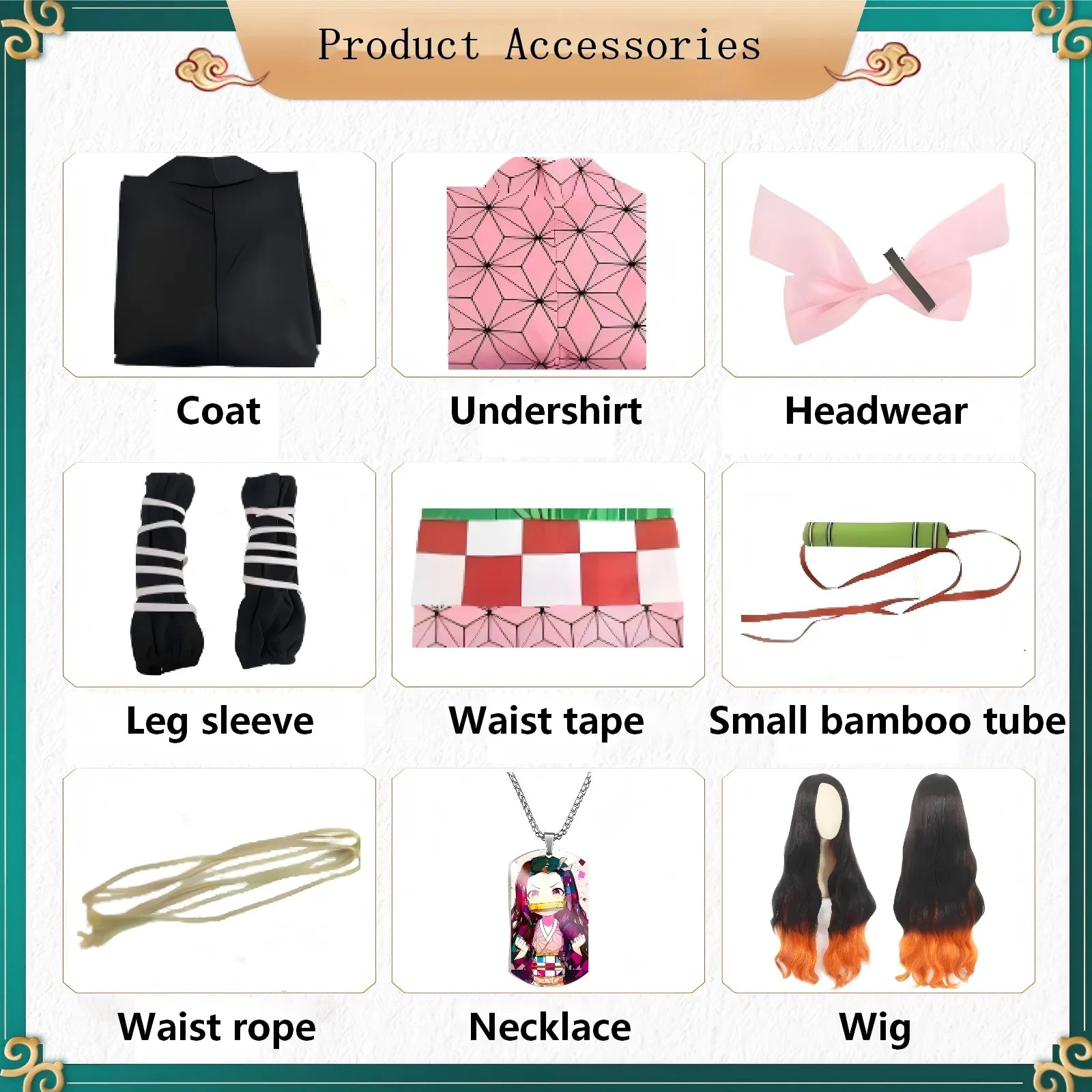 infographic showing all included nezuko cosplay accessories