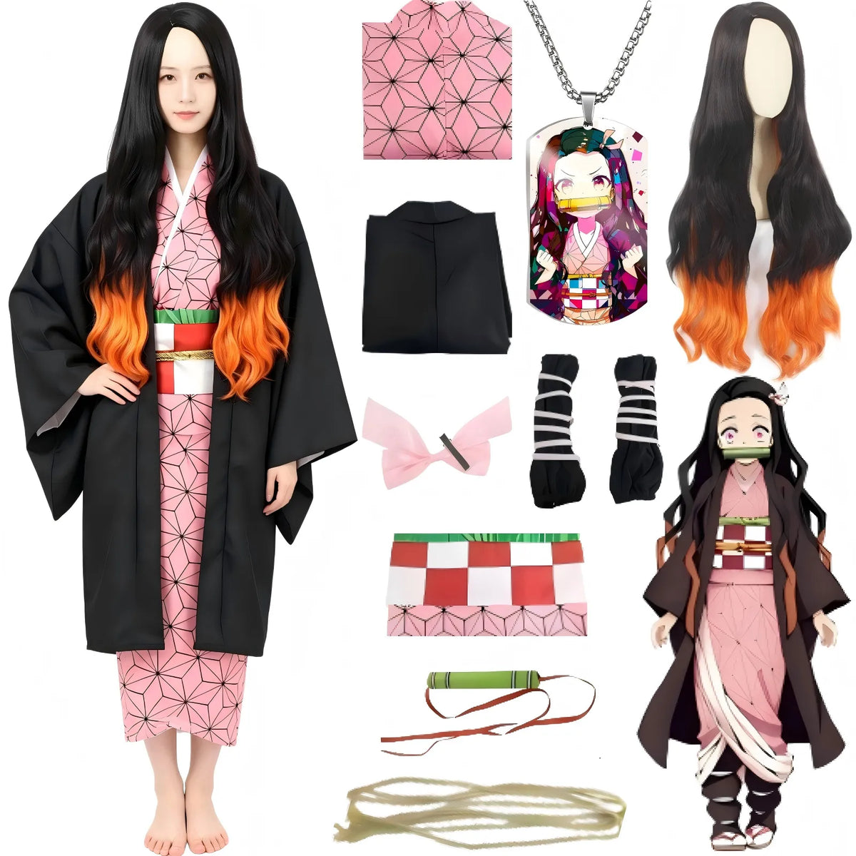 nezuko demon slayer cosplay set including gradient wig