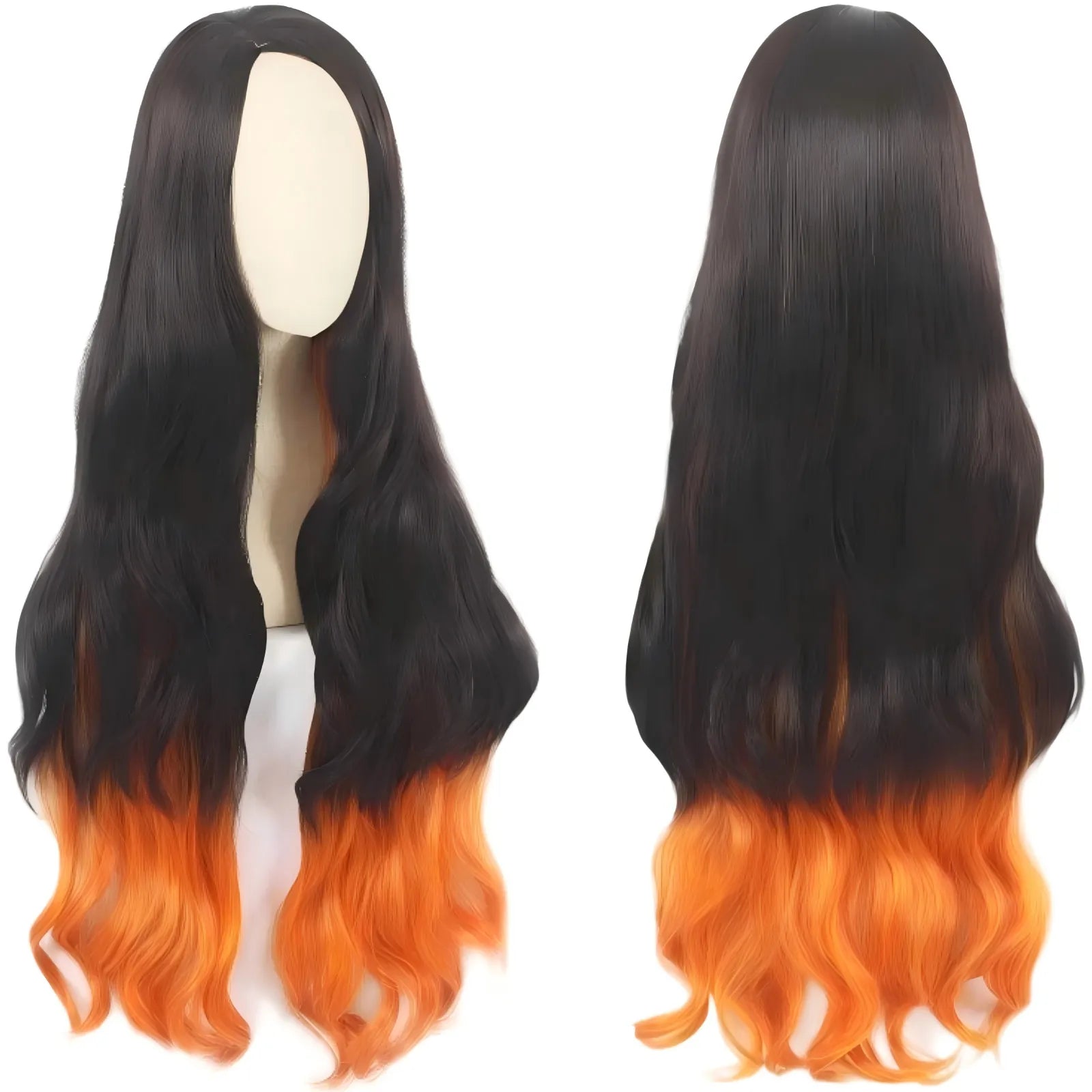 front and back view of nezuko black orange gradient cosplay wig