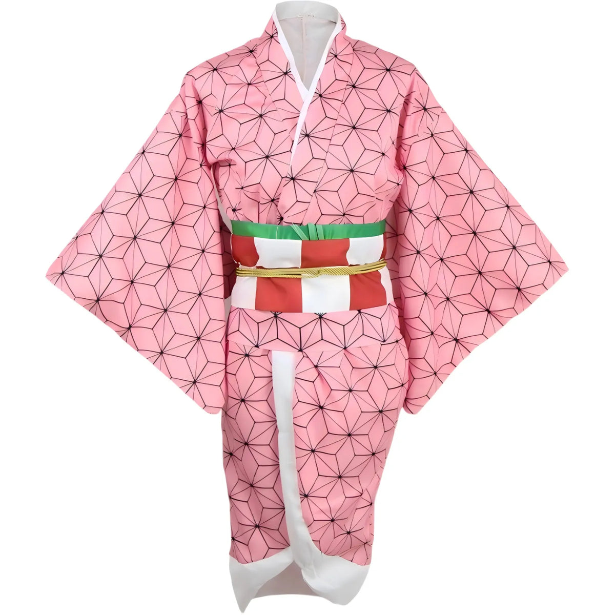 nezuko pink kimono with geometric print and obi sash