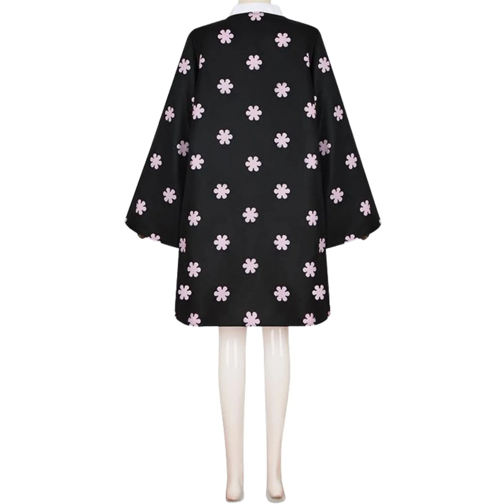 back view of nico robin black haori cosplay, pink cherry blossom print loose kimono coat on white mannequin