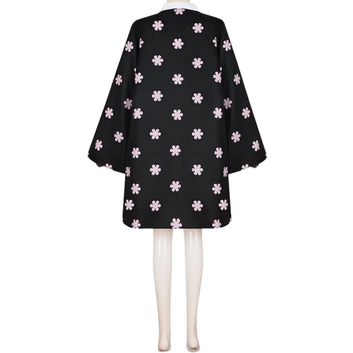 back view of nico robin black haori cosplay, pink cherry blossom print loose kimono coat on white mannequin