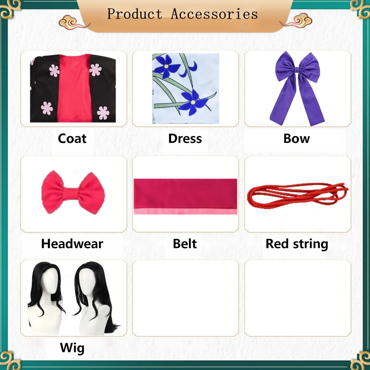nico robin cosplay accessories chart, coat, dress, purple bow, red bow, belt, red string, wig, product parts display