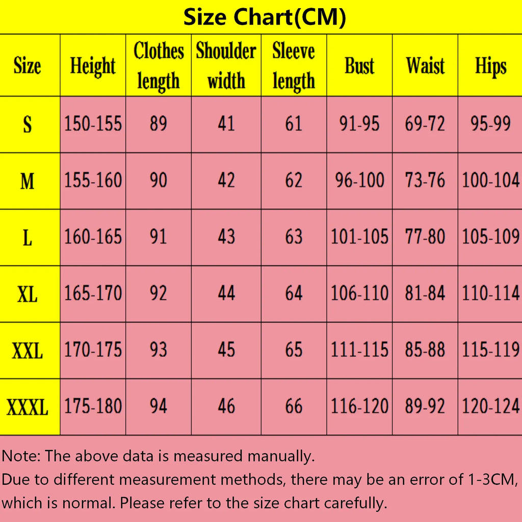 size chart for nico robin wano cosplay costume, measurements in cm, size s to xxxl