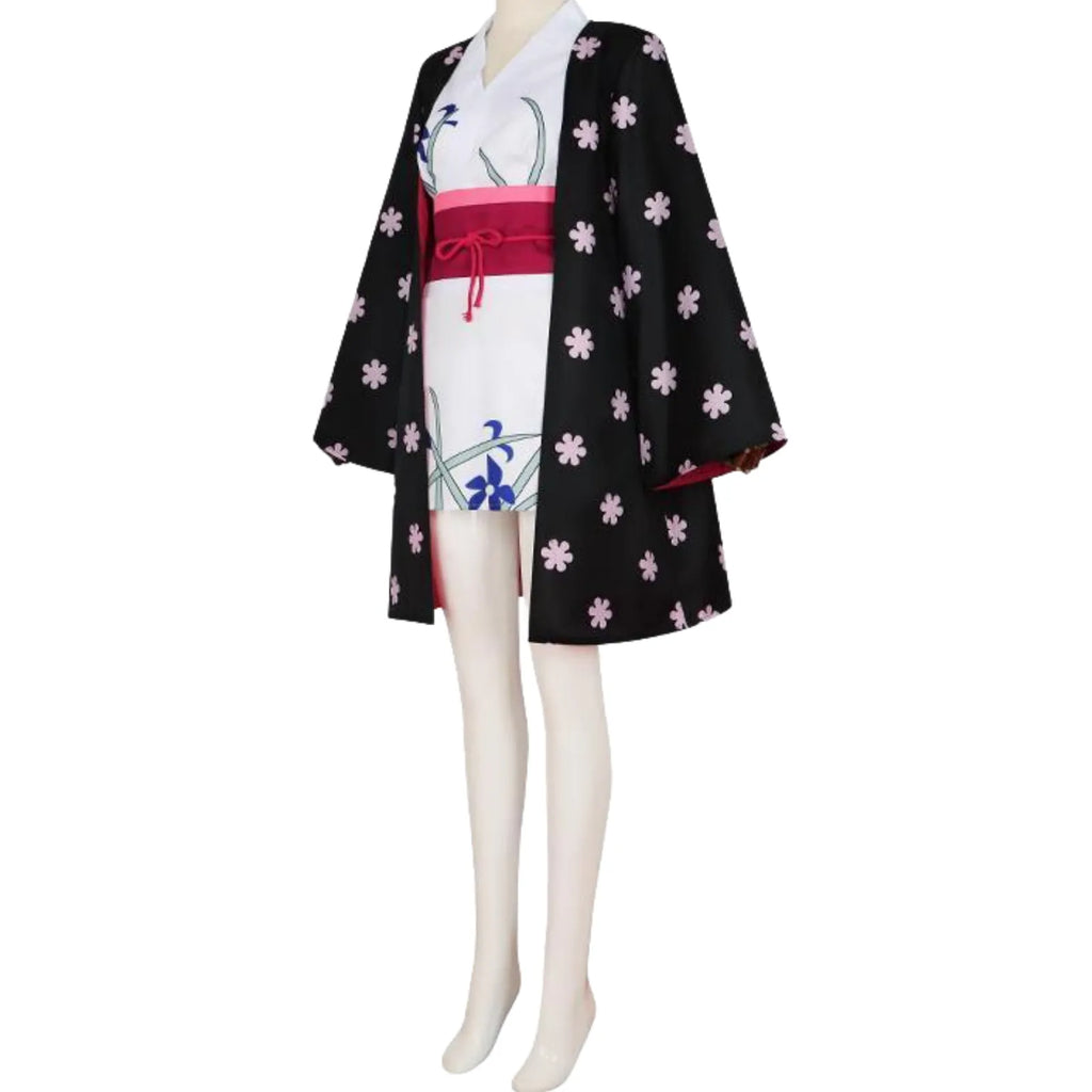 front side complete nico robin wano costume, black blossom haori over white floral kimono dress on mannequin